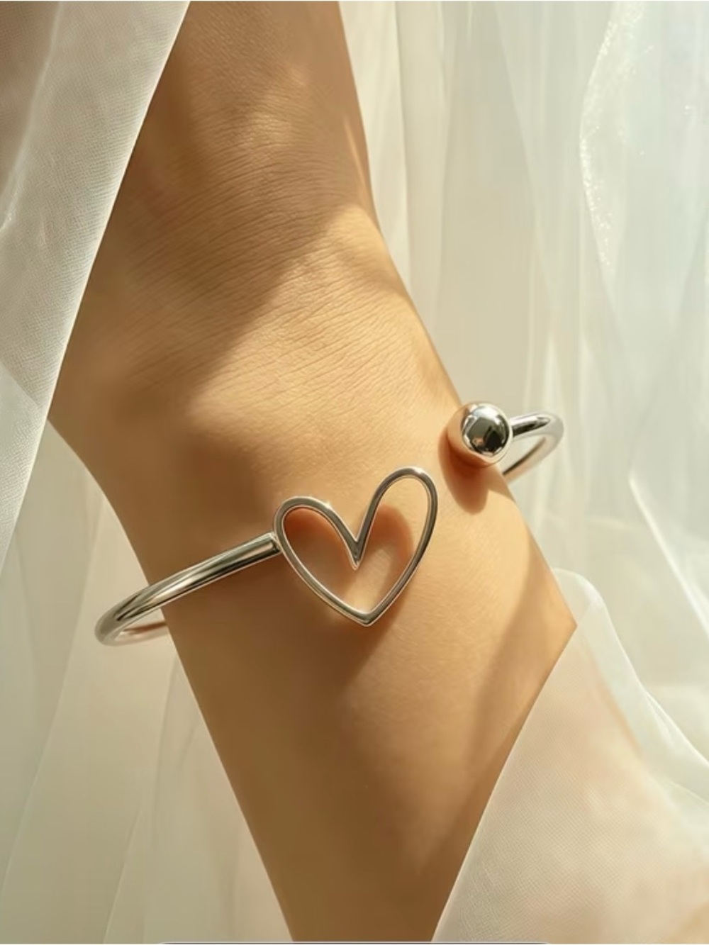 Silver Heart Open Bangle Bracelet